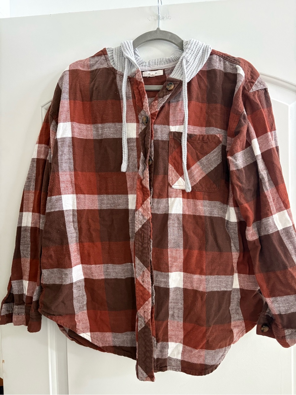 Maurices Rust and Brown Plaid Button-Down Shirt with Hood